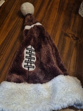Plush Football Pom Pom Hat in Brown and White Dan Dee Snapback